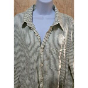 Old Navy Mens XL Green & White Striped  Linen-Cotton Long Sleeve Button-Up Shirt